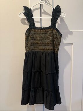 J. Crew Black Dress with Gold Smocked Bodice and Ruffle Straps